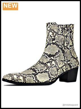 Men's Leather Chelsea Ankle Boots Snake Print Chukka Dress Boots Square Toe